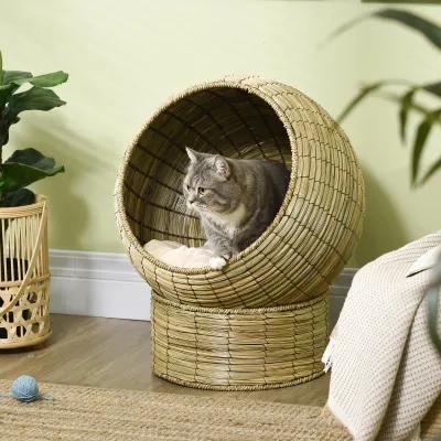 Yellow Cat Comfort: Elevated Basket Bed with Cushion & Stand