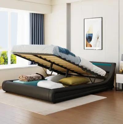 Upholstered PU Leather Platform Bed With A Hydraulic Storage System With LED Light Headboard