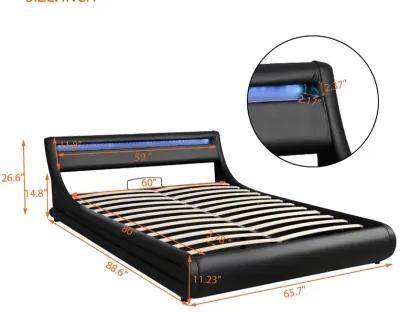 Upholstered PU Leather Platform Bed With A Hydraulic Storage System With LED Light Headboard