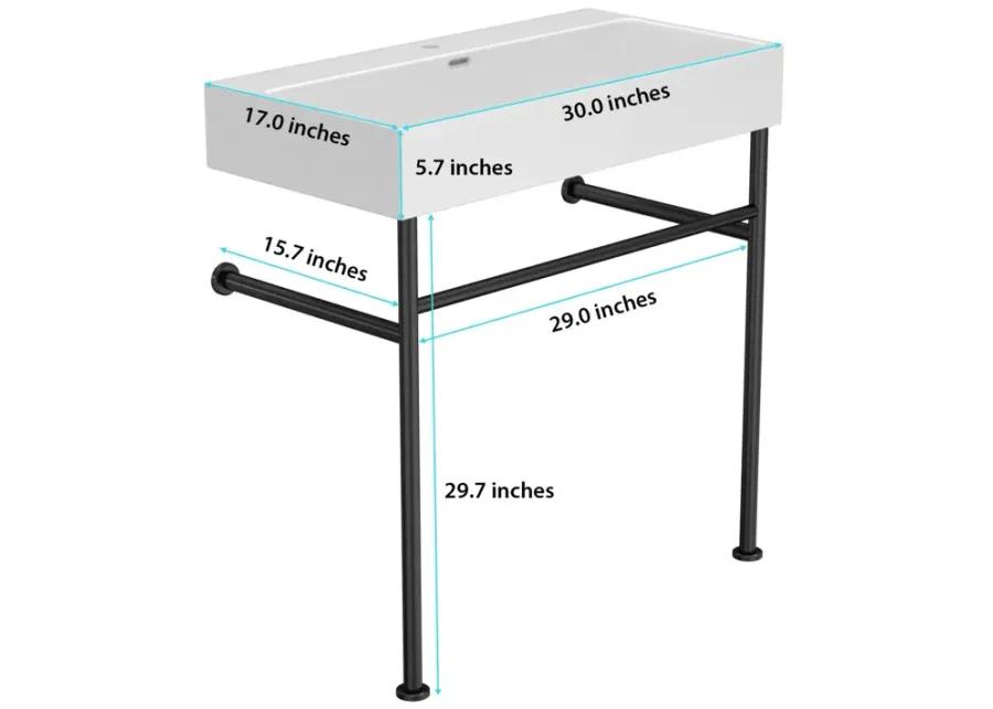 30" Bathroom Console Sink With Overflow, Ceramic Console Sink White Basin Black Legs