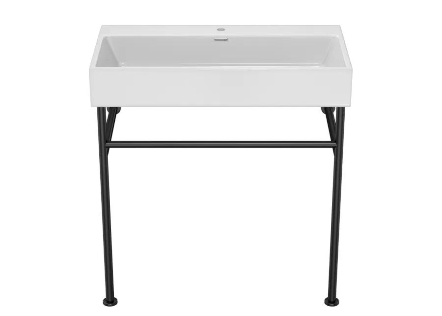 30" Bathroom Console Sink With Overflow, Ceramic Console Sink White Basin Black Legs