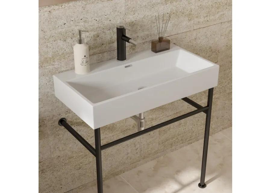 30" Bathroom Console Sink With Overflow, Ceramic Console Sink White Basin Black Legs