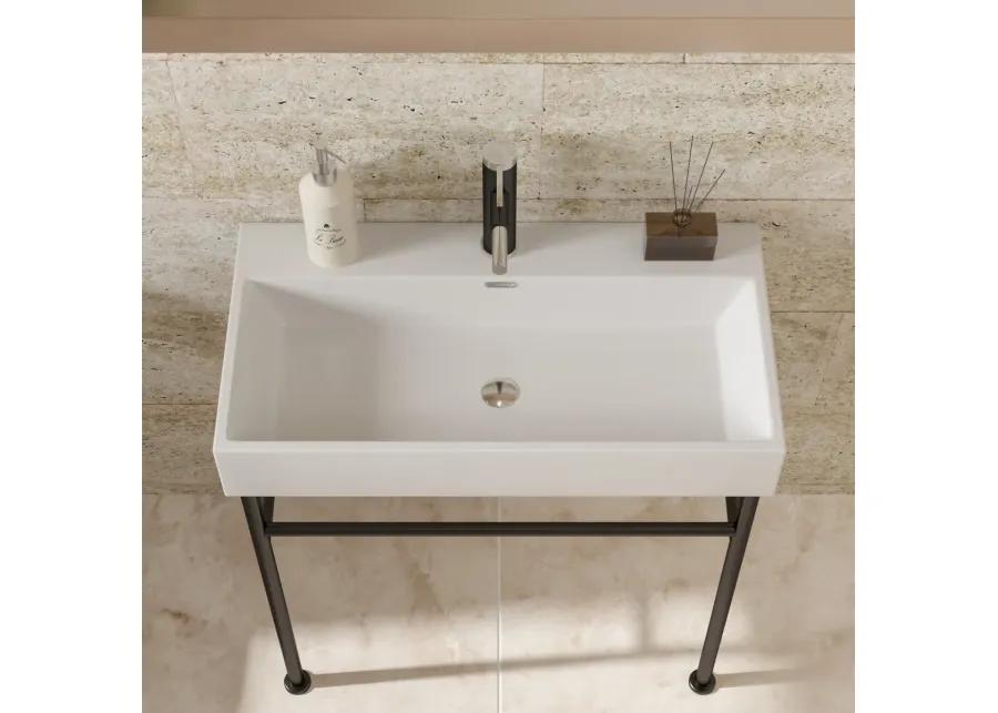 30" Bathroom Console Sink With Overflow, Ceramic Console Sink White Basin Black Legs