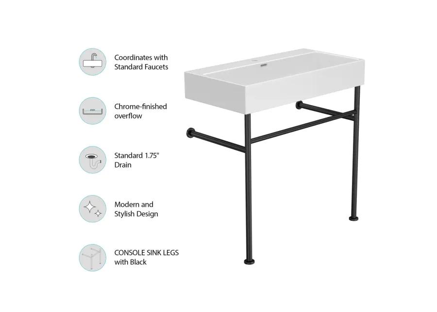 30" Bathroom Console Sink With Overflow, Ceramic Console Sink White Basin Black Legs