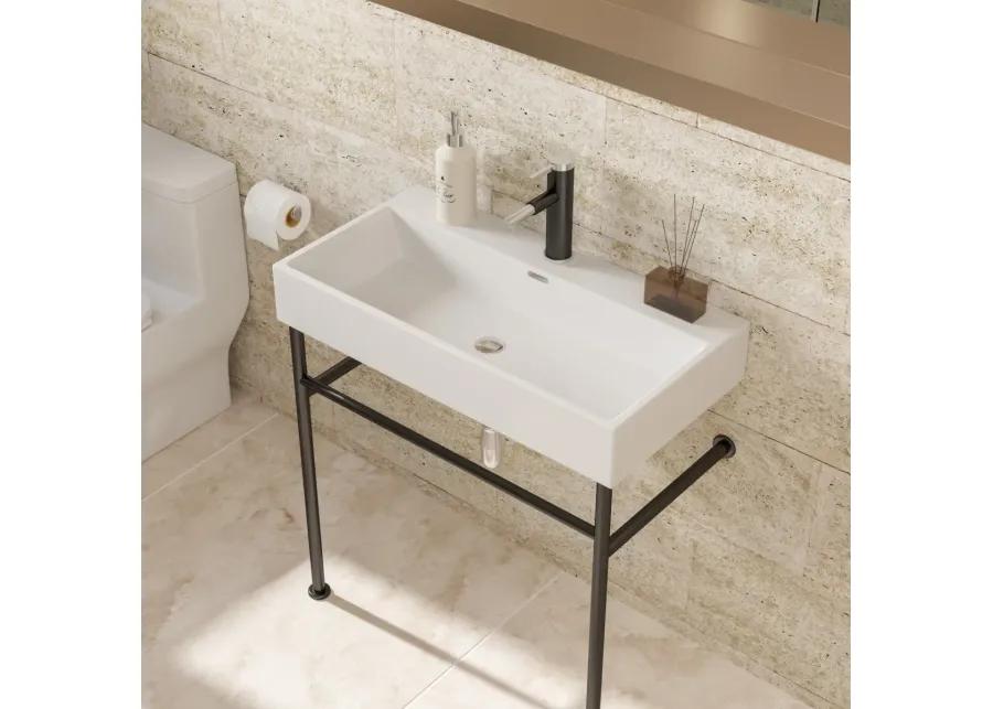 30" Bathroom Console Sink With Overflow, Ceramic Console Sink White Basin Black Legs