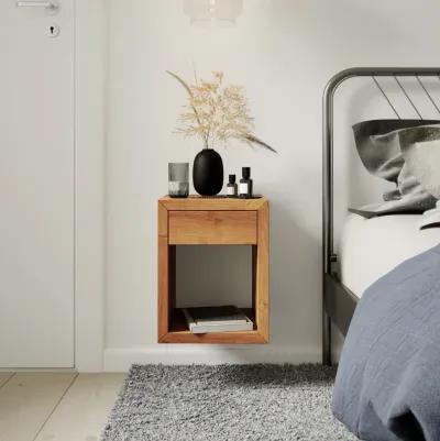 Narrow Mid-Century Modern Solid Oiled Oak Floating Nightstand with Drawer - Bedside Table for Bedroom