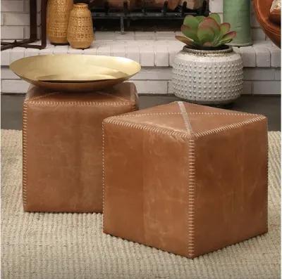 Buff Leather Small Ottoman