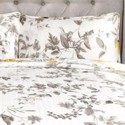 QuikFurn King size 3 Piece White Yellow Grey Reversible Floral Birds Cotton Quilt Set