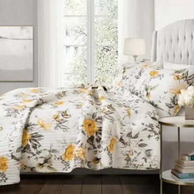 QuikFurn King size 3 Piece White Yellow Grey Reversible Floral Birds Cotton Quilt Set