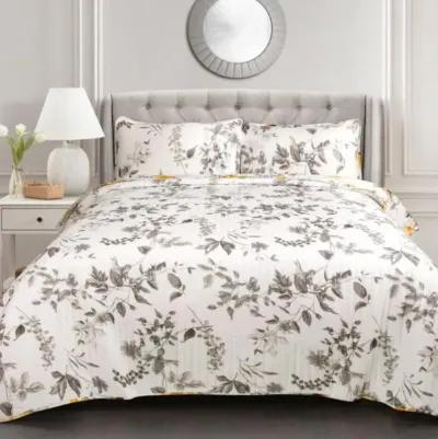 QuikFurn King size 3 Piece White Yellow Grey Reversible Floral Birds Cotton Quilt Set