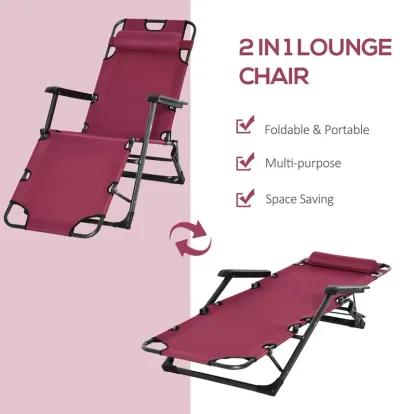 Red Outdoor Lounger: 2-in-1 Folding Sun Chair with Adjustable Footrest