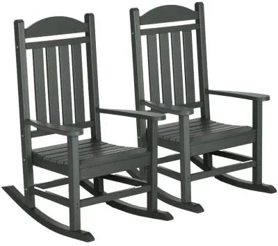 Outsunny 2 Pieces Outdoor Rocking Chair, All Weather-Resistant HDPE Rocking Patio Chairs with Rustic High Back, Armrests, Oversized Seat and Slatted Backrest, 350lbs Weight Capacity, Dark Gray