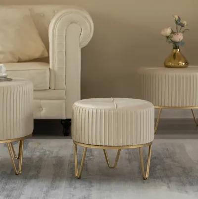 Round Velvet Ottoman Stool Raised with Hairpin Gold Base, Cream, Small