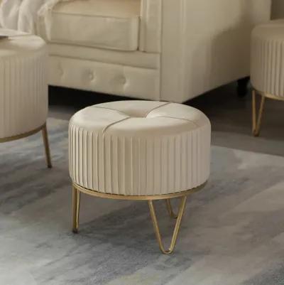 Round Velvet Ottoman Stool Raised with Hairpin Gold Base, Cream, Small