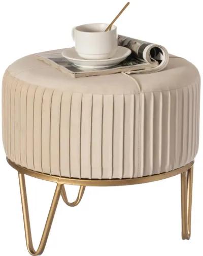 Round Velvet Ottoman Stool Raised with Hairpin Gold Base, Cream, Small