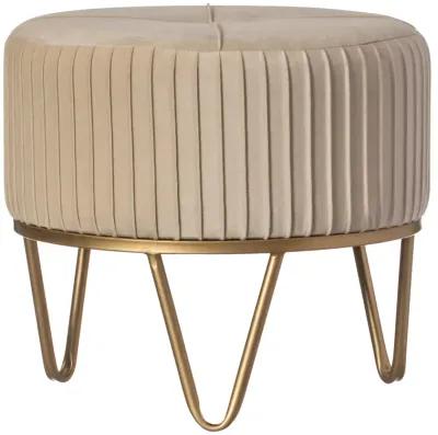 Round Velvet Ottoman Stool Raised with Hairpin Gold Base, Cream, Small