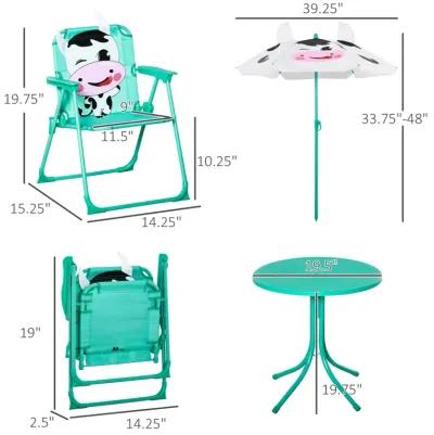 Kids Table and Chair Set, Outdoor Folding Garden Furniture, Picnic Table for Patio Backyard, with Dairy Cow Pattern, Removable & Height Adjustable Sun Umbrella, Aged 3-6 Years Old,White