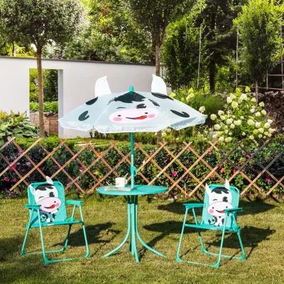 Kids Table and Chair Set, Outdoor Folding Garden Furniture, Picnic Table for Patio Backyard, with Dairy Cow Pattern, Removable & Height Adjustable Sun Umbrella, Aged 3-6 Years Old,White