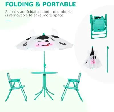 Kids Table and Chair Set, Outdoor Folding Garden Furniture, Picnic Table for Patio Backyard, with Dairy Cow Pattern, Removable & Height Adjustable Sun Umbrella, Aged 3-6 Years Old,White