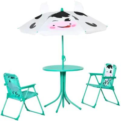 Kids Table and Chair Set, Outdoor Folding Garden Furniture, Picnic Table for Patio Backyard, with Dairy Cow Pattern, Removable & Height Adjustable Sun Umbrella, Aged 3-6 Years Old,White