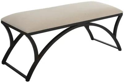 47 Inch Modern Accent Bench with Arched Frame, Cushioned Top, Beige, Black-Benzara