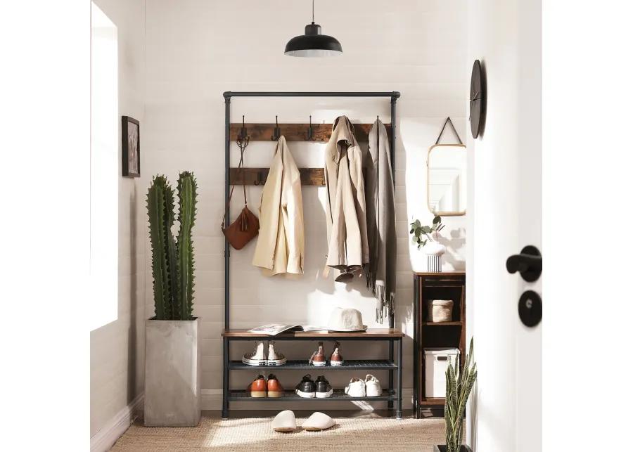 Hall Tree with 9 Hooks and Storage Bench Pipe-Style Coat Stand