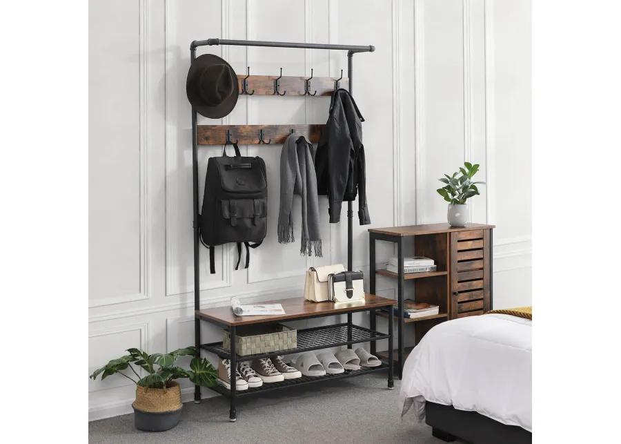 Hall Tree with 9 Hooks and Storage Bench Pipe-Style Coat Stand