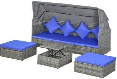 Outsunny 4 Piece Adjustable Canopy Outdoor Rattan Sofa Set Patio Furniture Wicker Sets with Height Adjustable Coffee Table & Cushions Dark Blue