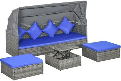 Outsunny 4 Piece Adjustable Canopy Outdoor Rattan Sofa Set Patio Furniture Wicker Sets with Height Adjustable Coffee Table & Cushions Dark Blue