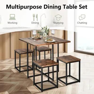 5 Pieces Metal Frame Dining Set with Compact Dining Table and 4 Stools -Walnut