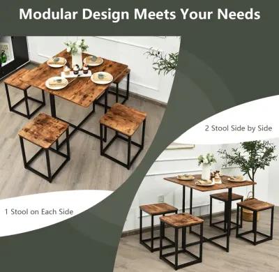 5 Pieces Metal Frame Dining Set with Compact Dining Table and 4 Stools -Walnut