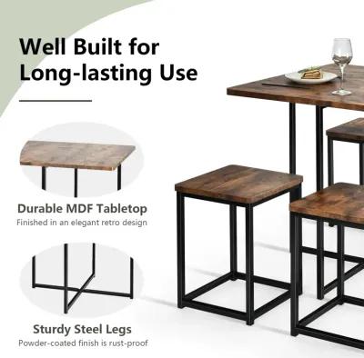 5 Pieces Metal Frame Dining Set with Compact Dining Table and 4 Stools -Walnut