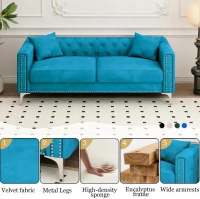 Sofa Includes 2 Pillows, Blue Velvet Triple Sofa, Suitable For Large And Small Spaces