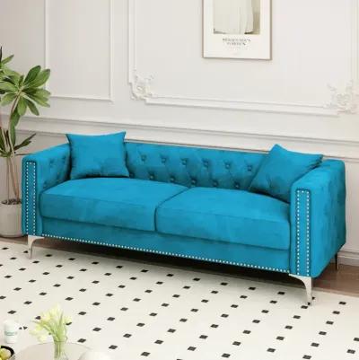 Sofa Includes 2 Pillows, Blue Velvet Triple Sofa, Suitable For Large And Small Spaces