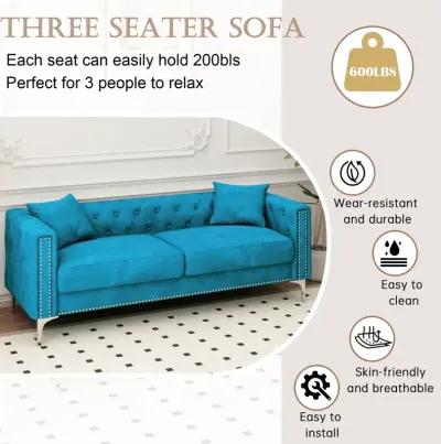 Sofa Includes 2 Pillows, Blue Velvet Triple Sofa, Suitable For Large And Small Spaces