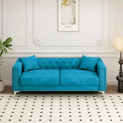 Sofa Includes 2 Pillows, Blue Velvet Triple Sofa, Suitable For Large And Small Spaces