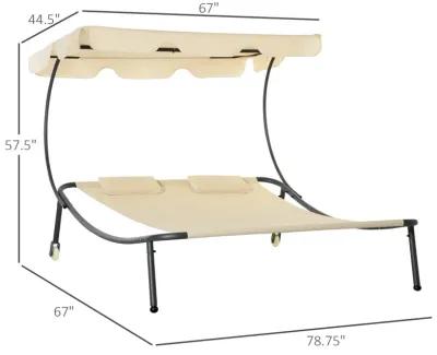 Beige Garden Lounger: Double Chaise with Adjustable Canopy