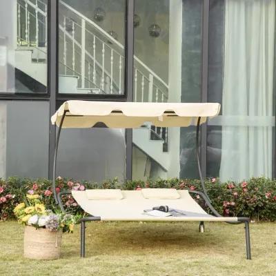 Beige Garden Lounger: Double Chaise with Adjustable Canopy