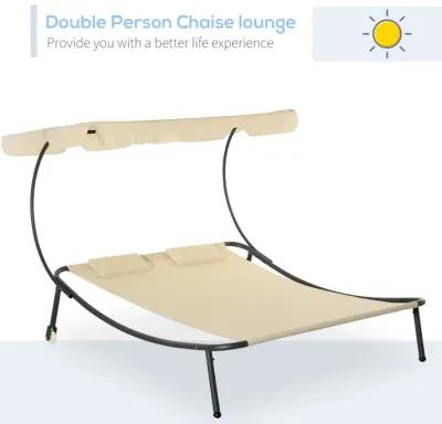 Beige Garden Lounger: Double Chaise with Adjustable Canopy