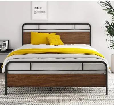 QuikFurn Full Size Industrial Metal Wood Platform Bed Frame with Headboard and Footboard