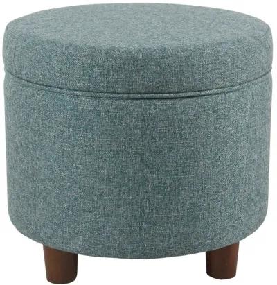 Fabric Upholstered Round Wooden Ottoman with Lift Off Lid Storage, Teal Blue - Benzara