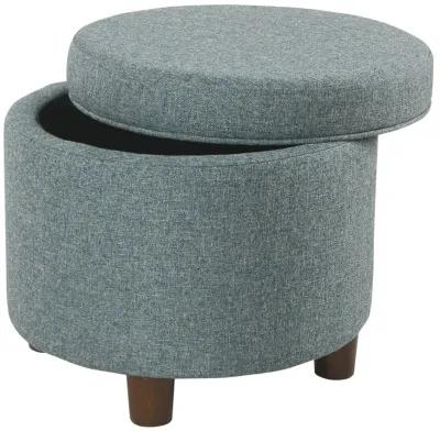 Fabric Upholstered Round Wooden Ottoman with Lift Off Lid Storage, Teal Blue - Benzara