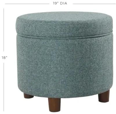 Fabric Upholstered Round Wooden Ottoman with Lift Off Lid Storage, Teal Blue - Benzara