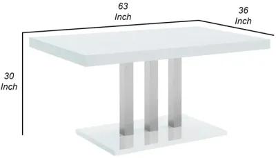 63 Inch Dining Table, White High Gloss Top, Trio Legs, Chrome Pedestal Base - Benzara