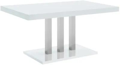 63 Inch Dining Table, White High Gloss Top, Trio Legs, Chrome Pedestal Base - Benzara