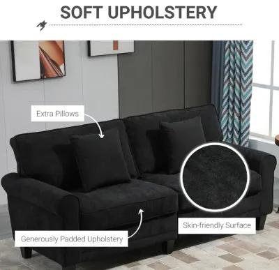 Black Modern Sofa: 3-Seater Corduroy Fabric Couch with Pine Legs