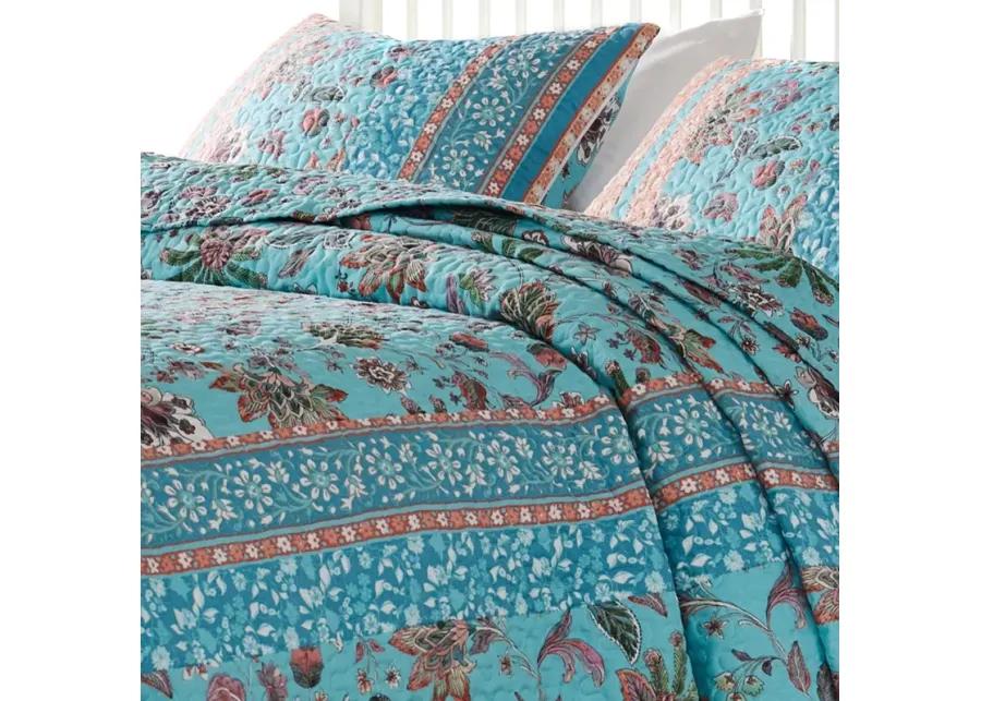 Dill 3pc Queen Bedspread Set, Bohemian Turquoise Floral Microfiber Cotton