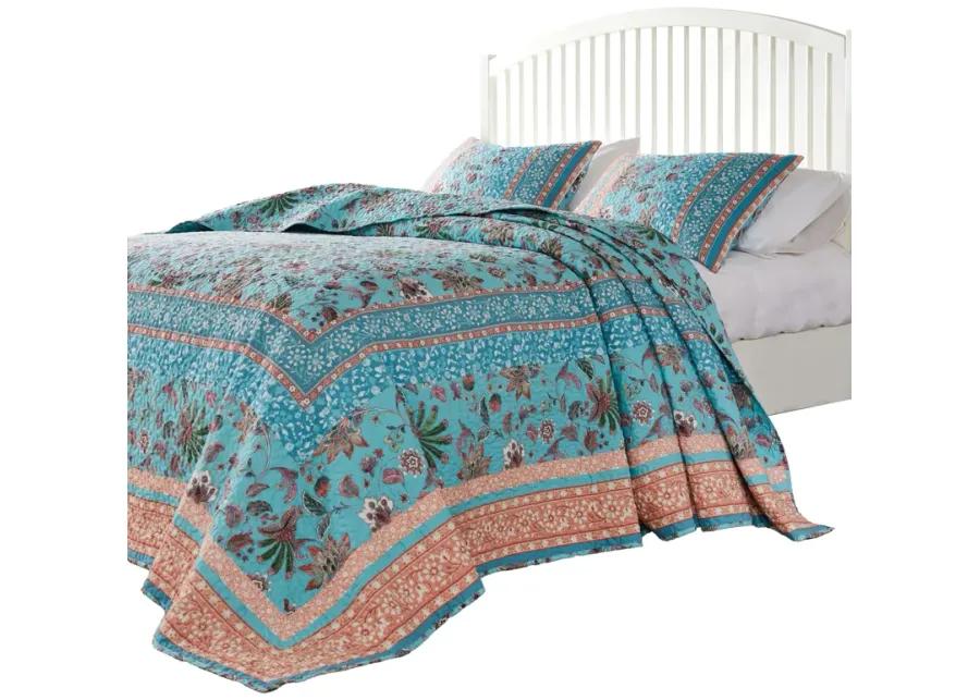 Dill 3pc Queen Bedspread Set, Bohemian Turquoise Floral Microfiber Cotton