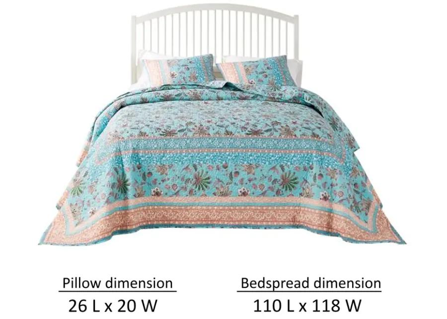 Dill 3pc Queen Bedspread Set, Bohemian Turquoise Floral Microfiber Cotton