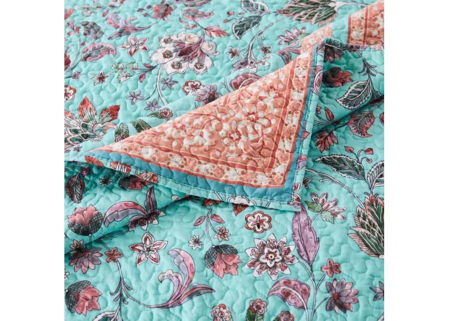 Dill 3pc Queen Bedspread Set, Bohemian Turquoise Floral Microfiber Cotton